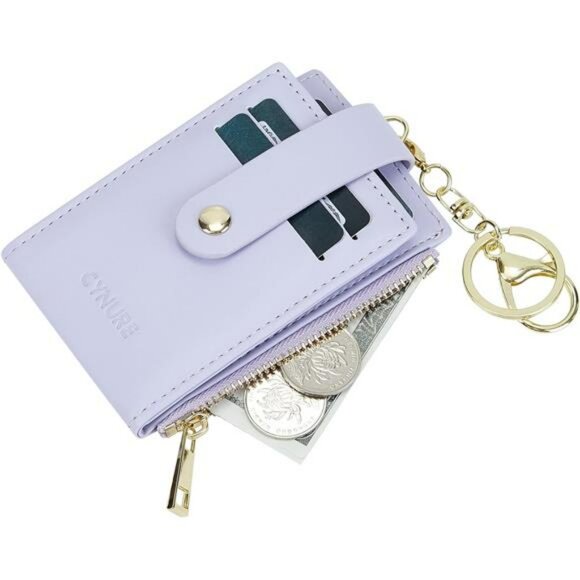 RFID blocking leather card holder slim zipper keychain wallet with ID window - Picture 5 of 8